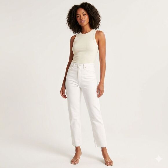 Zara Denim - ZARA Straight Leg Jeans Women 2 White Raw Hem Mid Rise Denim Minimalist
